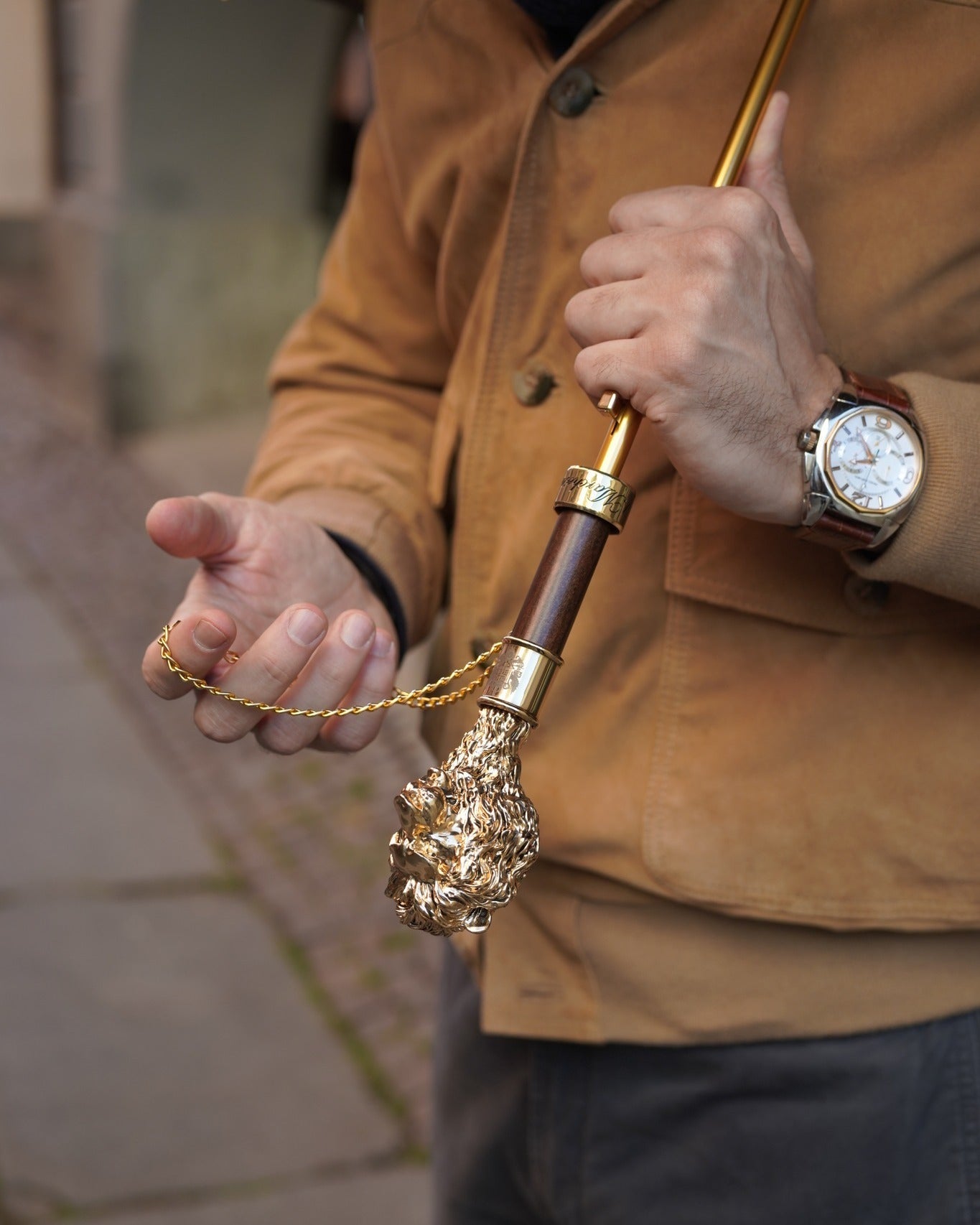Elegant men's umbrella from Ilmarchesato Lion Collection with 24K gold-plated handle and designer detailing.
