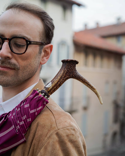 Handmade Jacquard umbrella for men with burgundy canopy and beech wood handle, featuring intricate woven fabric design.
