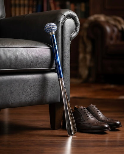 Pasotti Swarovski handle shoehorn with bicolor design, handcrafted luxury shoehorn from Italy, featuring elegant Swarovski details.