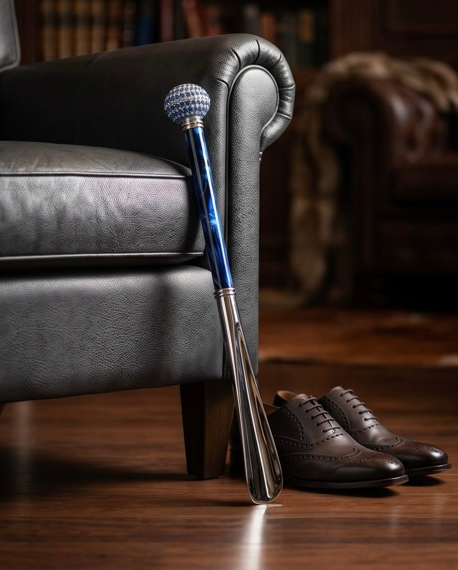 Pasotti Swarovski handle shoehorn with bicolor design, handcrafted luxury shoehorn from Italy, featuring elegant Swarovski details.