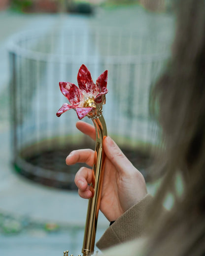 Hand-painted floral umbrella by Ilmarchesato with 24K gold handle and satin canopy, Italian handmade rain umbrella.