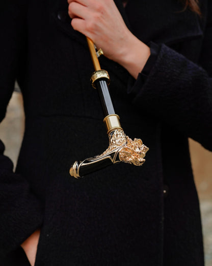 Ilmarchesato luxury lion-handle rain umbrella with 24K gold satin canopy, limited edition waterproof rain gear.