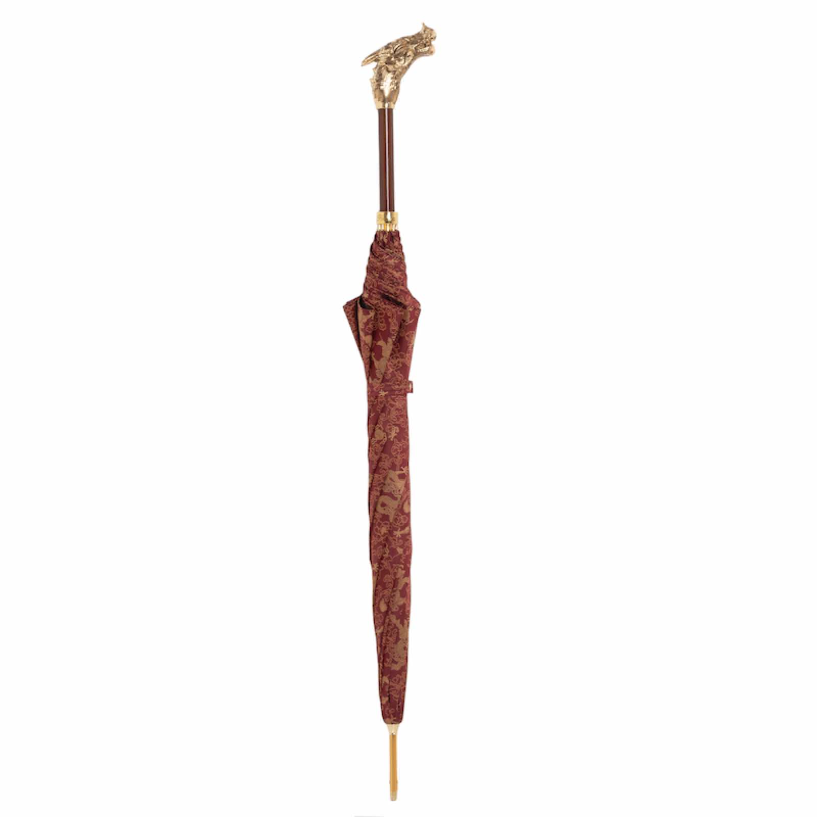 Burgundy Pasotti umbrella featuring golden dragon design, showcasing luxury Italian craftsmanship for men.