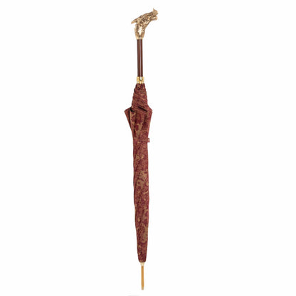 Burgundy Pasotti umbrella featuring golden dragon design, showcasing luxury Italian craftsmanship for men.