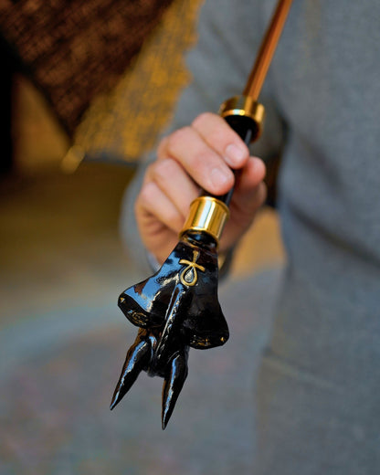 luxury black umbrella with wooden shaft
