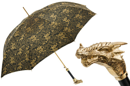 Pasotti luxury golden dragon umbrella with modern Italian design, featuring intricate dragon patterns and a stylish handle.