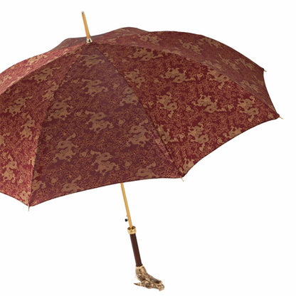 Luxury Pasotti burgundy umbrella for men, featuring elegant golden dragon design and a brass handle.