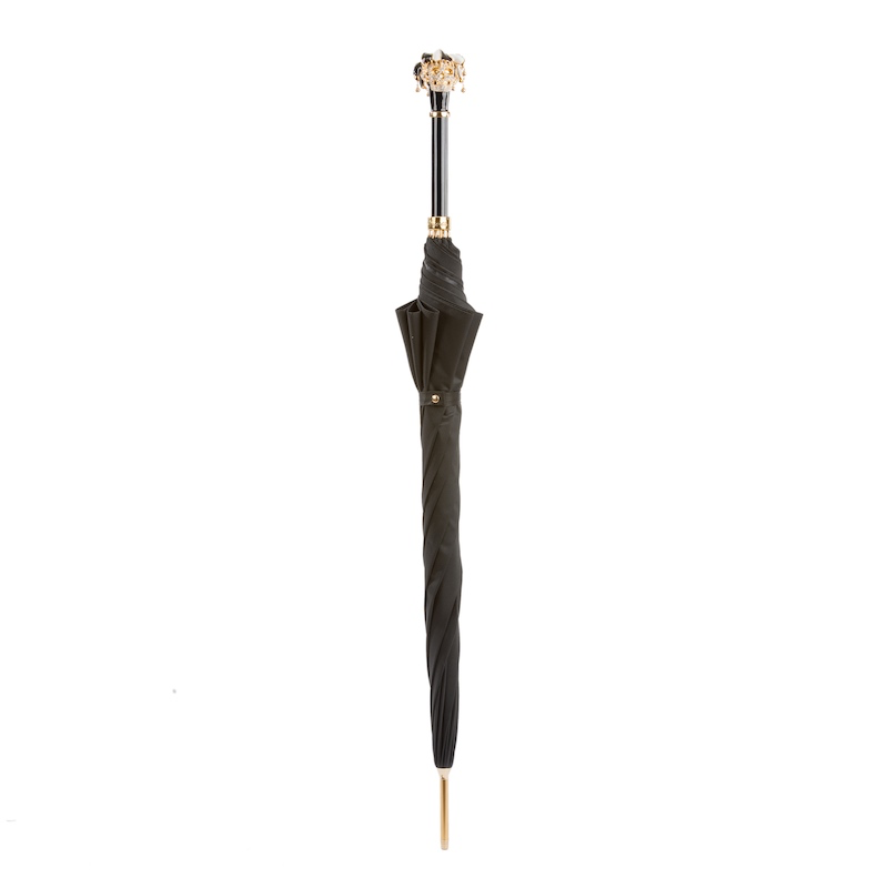 Swarovski® handmade Jester skull umbrella by Ilmarchesato, featuring an automatic open mechanism and elegant design for men.