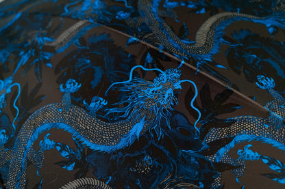 Luxury dragon print umbrella for men by Ilmarchesato featuring a modern oriental blue design and intricate handmade details.