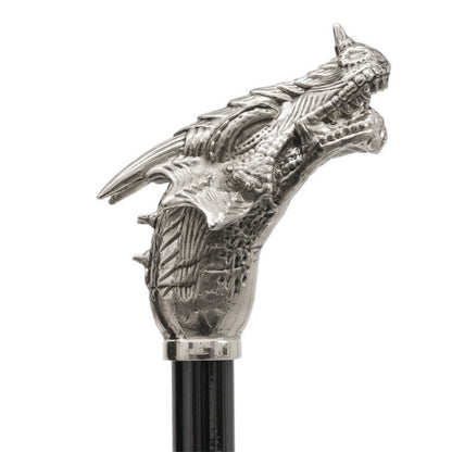 Handmade Italian luxury men's umbrella with a silver dragon handle by Pasotti, featuring a classic canopy and ornate design.