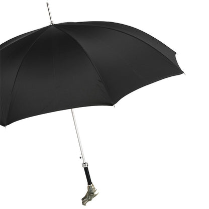 Handmade Italian luxury men's umbrella by Pasotti featuring a silver dragon handle and elegant canopy design.