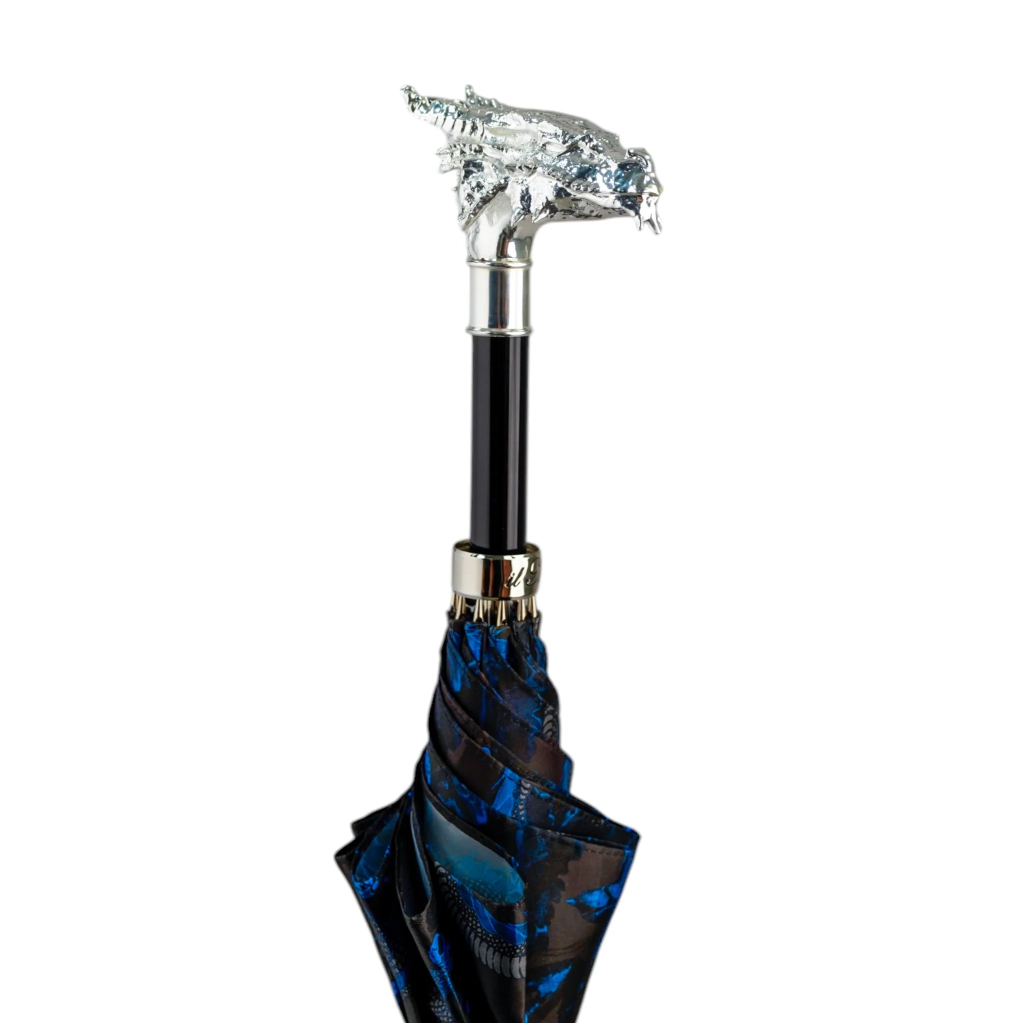 Handmade luxury dragon-themed umbrella for men by Ilmarchesato, featuring a modern design with intricate dragon artwork.