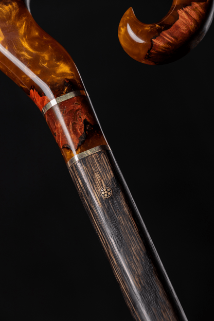 Red Mountain handmade walking cane by ARTWalkingSticks with a unique custom design, featuring a polished wooden handle and sturdy shaft.